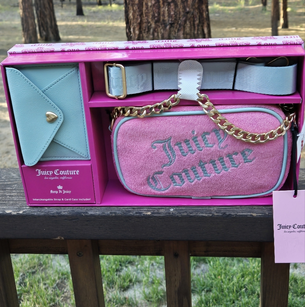 Juicy Couture Pink and Gray Crossbody Bag with Gold Chain, Extra Strap,Card Case